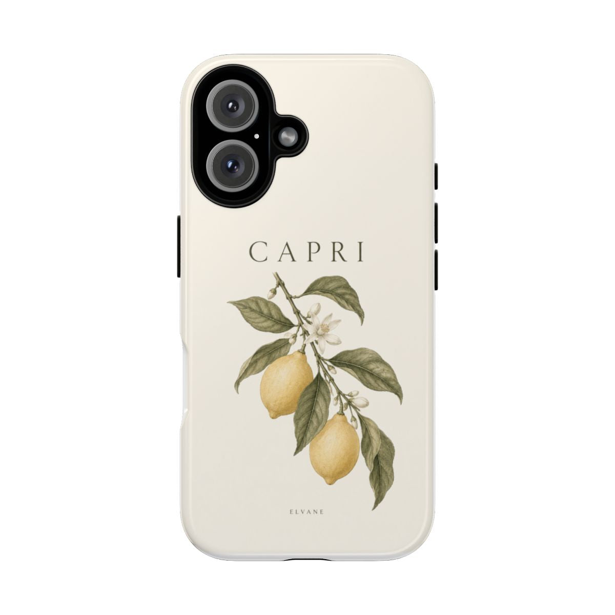 Coque Capri ELVANE — branche de citronnier en fleur, planche botanique sur ivoire