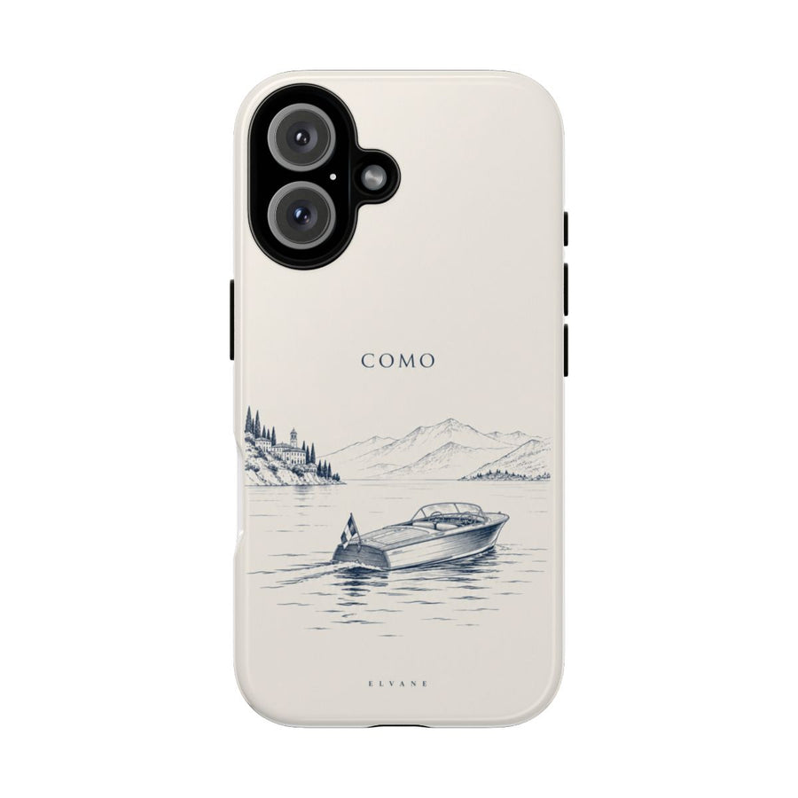 Coque Como ELVANE — canot sur le lac de Côme au trait bleu nuit sur fond ivoire