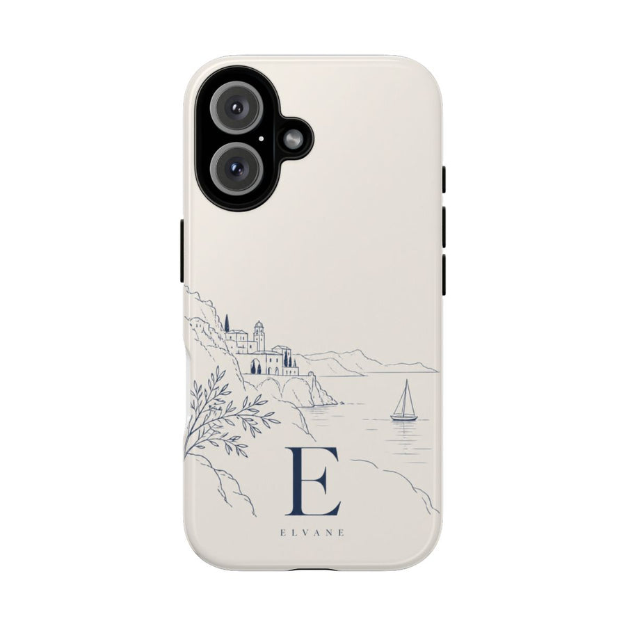 Coque Heritage ELVANE — villa sur la falaise, branche d’olivier et monogramme E