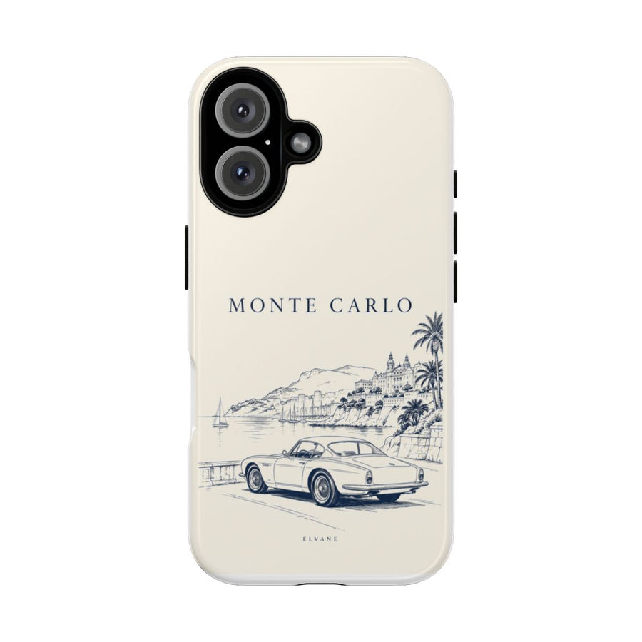 Coque Monte Carlo ELVANE — voiture de sport sur la corniche, dessin au trait sur fond ivoire