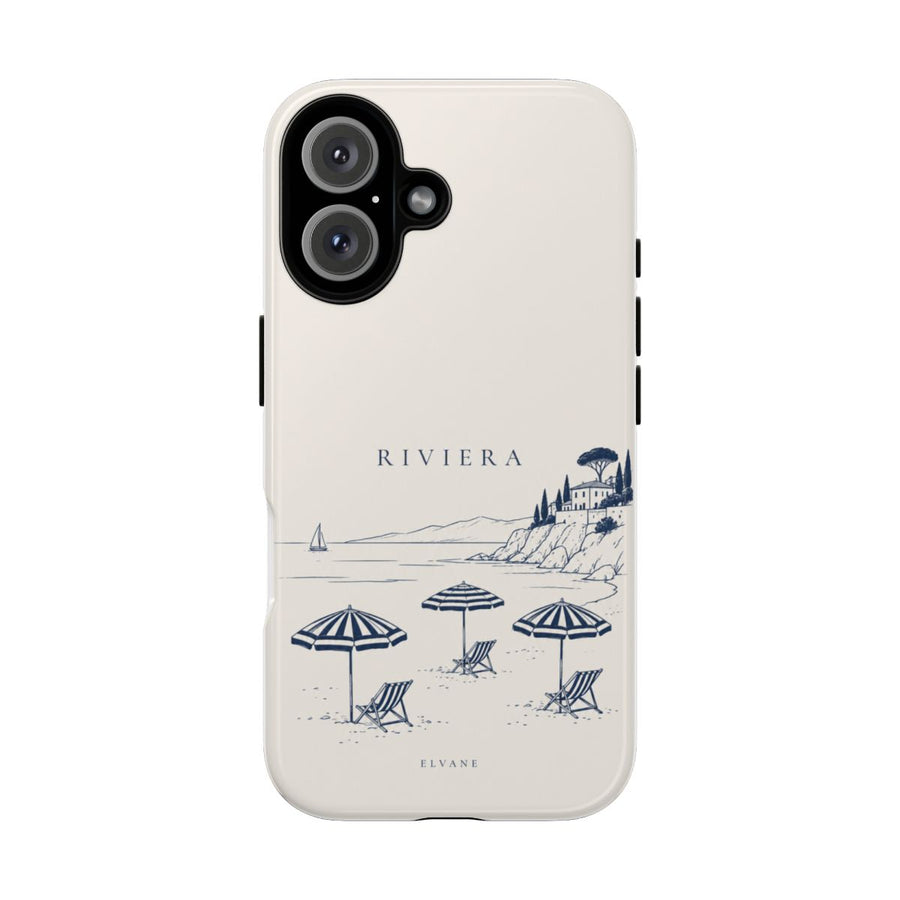 Coque Riviera ELVANE — parasols de la Riviera au trait bleu nuit sur fond ivoire