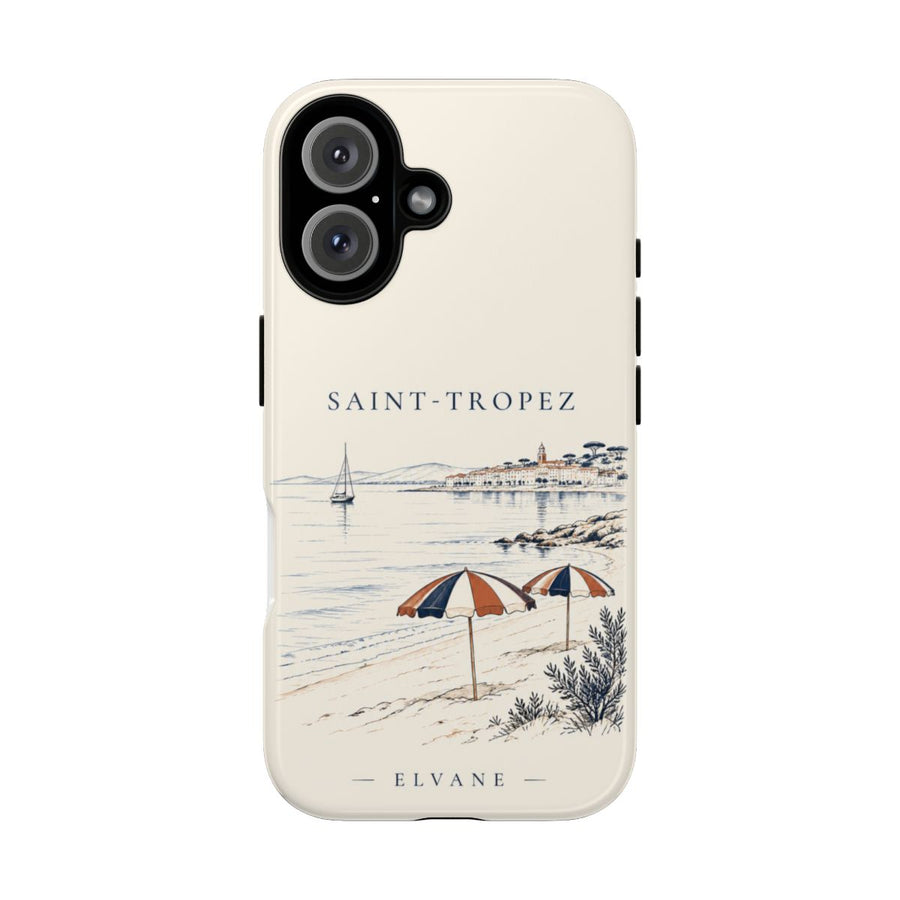 Coque Saint-Tropez ELVANE — parasols sur la plage et voilier, dessin au trait sur ivoire